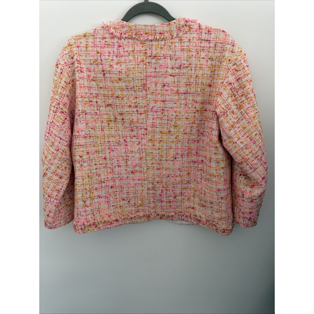 Ann Taylor Tweed Bouclé Blazer Plaid Womens Sz 4 Pink Orange Fringe Zip 3/4 NWT - Picture 4 of 9
